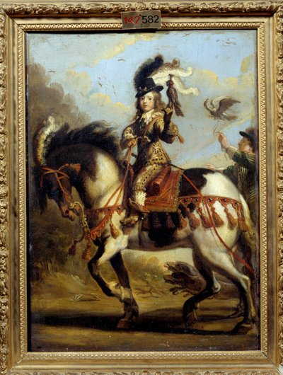 若いルイ14世（1638 - 1715）が狩りに出かけるときの騎馬像。ジャン・ド・サンティニー（1647年）の作品。キャンバスに油彩。薄さ：0.41 x 0.30m。シャンティイ、コンデ美術館（Musee Conde 作： Jean de Saint Igny