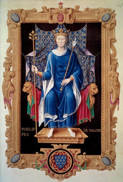 ヴァロワ国王フィリップ 6 世 (1293-1350) の足元の肖像画 ジャン デュ ティレ (1484-1520) による「「フランス王の記録」」からのミニチュア 16 世紀のパリ、B.N. 作： Jean du Tillet