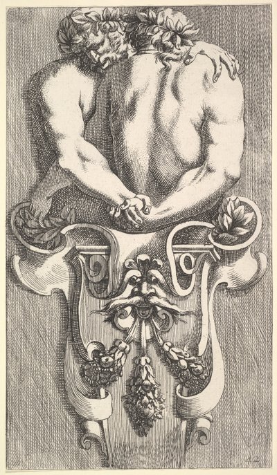 サテュロスを抱きしめる 2 人の用語のデザイン、「Curieuses Recherches de Some Beaus...」、1645 年から。 作： Jean le Pautre