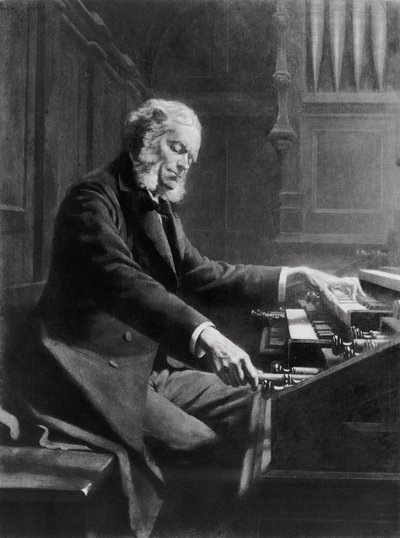 1885年、パリの聖クロティルデ大聖堂でオルガンのコンソールにいるセザールフランク 作： Jeanne Rongier