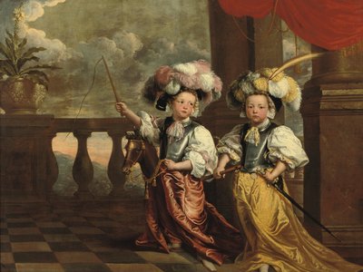 フルレングスの騎士に扮した2人の男の子の二重の肖像画。1人はフルートを持ち、もう1人は鞭を持った趣味の馬に乗っており、どちらもバルコニーに立っています。1668年 作： Jeanne Vergouwen