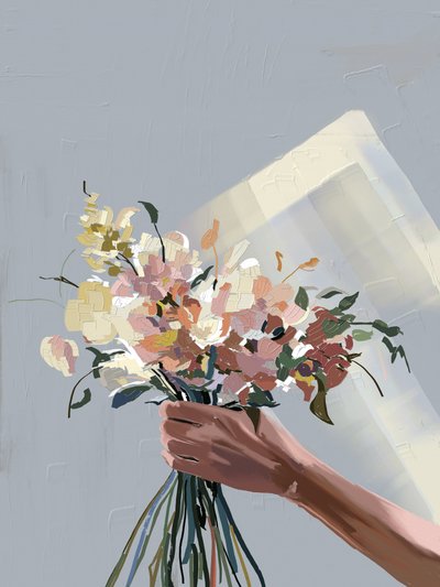 パステルカラーの花を抱えた手 作： Jenna Alheit