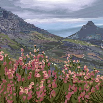 ピンクの花と山々の眺め 作： Jenna Alheit