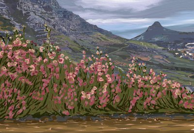 ピンクの花と山々の眺め 作： Jenna Alheit