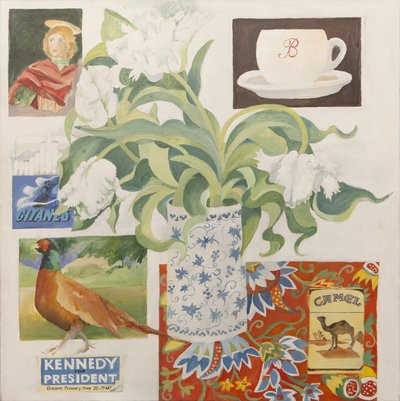 エフェメラ（コーヒーカップ、タバコの箱、絵葉書、チューリップなど 作： Jennifer Abbott