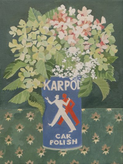 古い車磨き缶に入った紫陽花（アクリル製） 作： Jennifer Abbott
