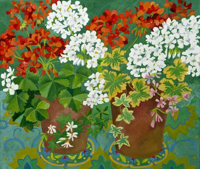 鉢植えの赤と白のゼラニウム、2013年（アクリル、キャンバス） 作： Jennifer Abbott