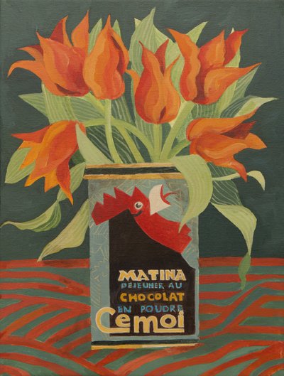 古いコーヒー缶の中の赤いチューリップ（アクリル） 作： Jennifer Abbott