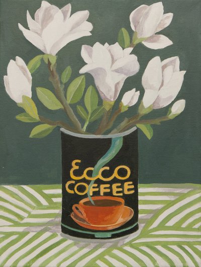 古いコーヒー缶の中の白モクレン（アクリル製） 作： Jennifer Abbott