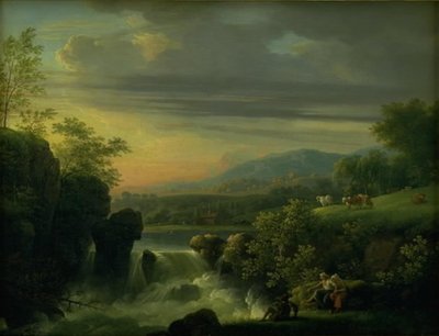 滝のある山岳風景。 日の出 作： Jens Juel