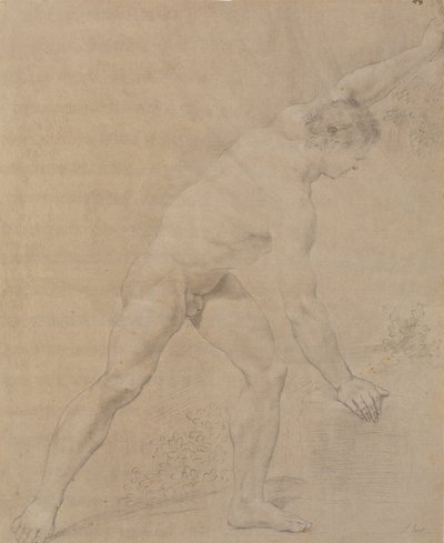 モデルは立って右を向き、左腕を上げ、右腕を下げ、岩にもたれかかっています。 作： Jens Juel