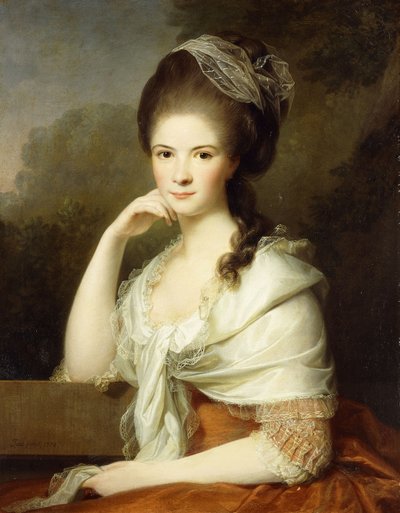 茶色のドレスと白いショールを身に着けた、ハーフレングスの女性の肖像、1778 作： Jens Juel