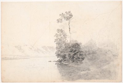 湖の地峡に木があるスイスの風景 作： Jens Juel