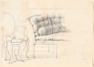 1787 年のホルムスキオルド家の肖像画の習作: 布張りのソファと、左側にホルムスキオルドの輪郭が描かれた椅子 作： Jens Juel