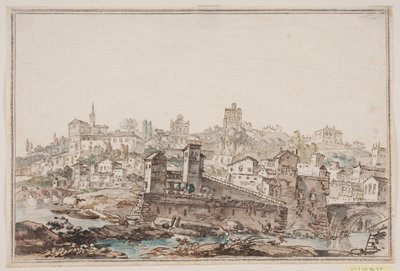 川沿いに住宅や教会がある町の展望。 古代ローマ 作： Jens Petersen Lund