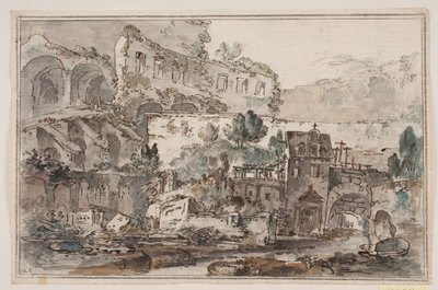 渓流沿いの廃墟と民家の展望 作： Jens Petersen Lund