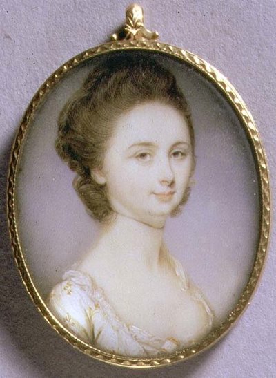 白いドレスを着た女性のポートレート・ミニチュア、1780-85年頃（アイボリーに水彩画） 作： Jeremiah Meyer