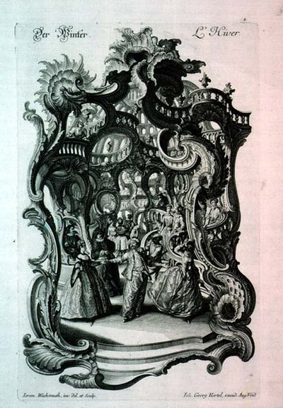冬、仮装舞踏会を描いたロココ調の楽譜、Johann Georg Hertelのパブ。 作： Jeremias Wachsmuth