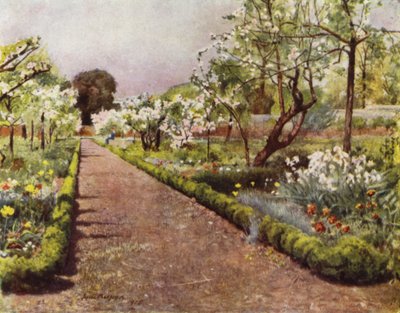 フルハム、壁に囲まれた庭園での花の散歩（カラーリトグラフ 作： Jessie MacGregor