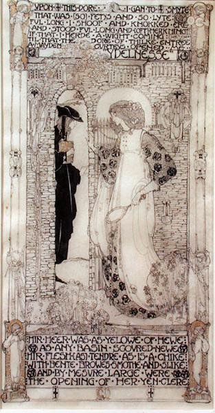 チョーサー（c.1342-1400）による「The Romaunt of the Rose」からの怠惰（ベラムにインクと金のペンキ） 作： Jessie Marion King