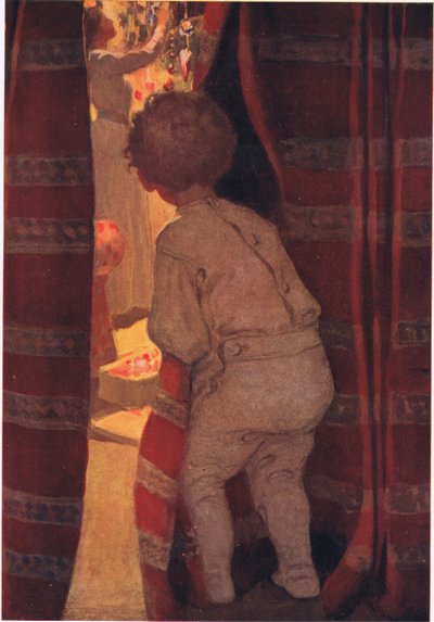 彼は階下に忍び込み、パーラーをのぞき見しました（カラーリソ） 作： Jessie Willcox Smith