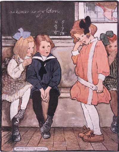 彼女はプラットホームから降りてきたが、それでも勇敢に涙をこらえている (color litho) 作： Jessie Willcox Smith