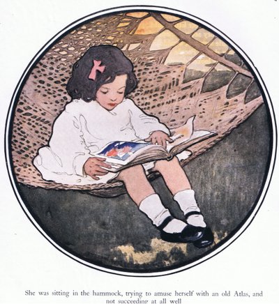 彼女はハンモックに座って、古いアトラスで楽しもうとしていたが、うまくいかなかった (色リソ) 作： Jessie Willcox Smith