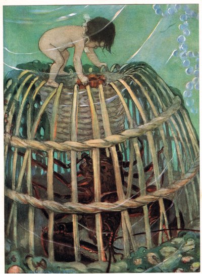 トムとロブスター ポット、牧師チャールズ キングスレーによる「The Water Babies」のイラスト (カラー リソ) 作： Jessie Willcox Smith
