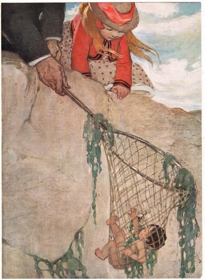 漁網に絡まったトム、牧師チャールズ・キングズレー作「The Water Babies」のイラスト（カラーリソ） 作： Jessie Willcox Smith