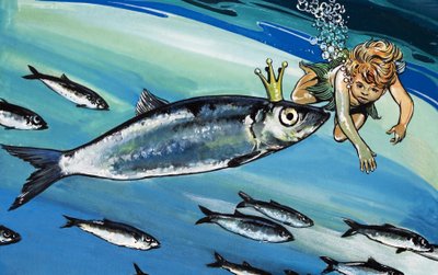 魚と泳ぐ少年、チャールズ・キングズレー作「The Water Babies」の挿絵（紙にグワッシュ） 作： ヘスス・ブラスコ