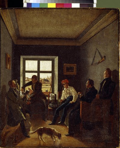 夕方7時（文学の夕べ）。 Evgraf Fyodorovich Krendovski (1810-after 1853) による絵画、キャンバスに油彩、1820 年頃。 ロシア美術 作： Jevgraf Fiodorovitch Krendovsky