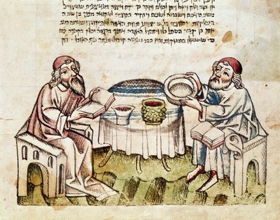 ユダヤ教：「2人のラビがセダーの儀式でイースターを祝う」15世紀パルマ、Biblioteca PalatinaのMahzor（ヘブライ語の祈祷書）のミニチュア 作： Jewish School