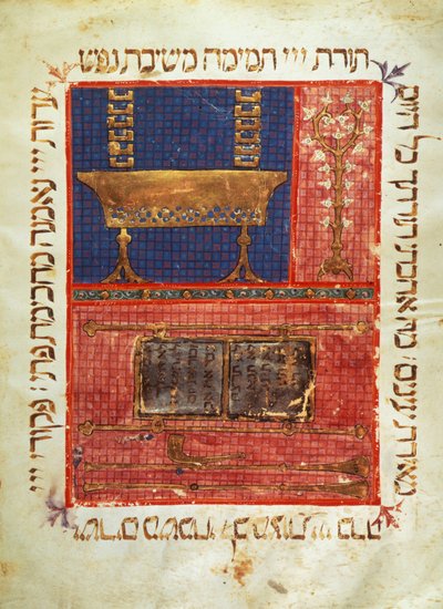 ヘブライ語聖書の写本のページ。礼拝の対象。14世紀の照明。 作： Jewish School