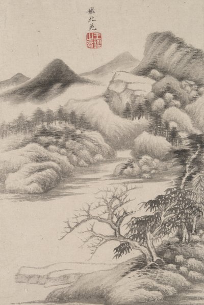 さまざまな老人の様式の風景：東元様式、1669年（紙にインクと色） 作： Wang Jian