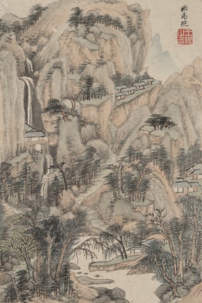 さまざまな古いマスターのスタイルの風景：馬湾のスタイル、1669年（紙にインクと色） 作： Wang Jian