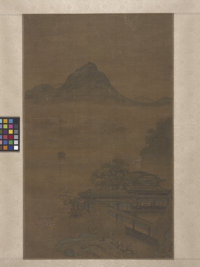 春の霧の中の宮殿のようなパビリオン（シルクにインク、色、金） 作： Jiang Yuan