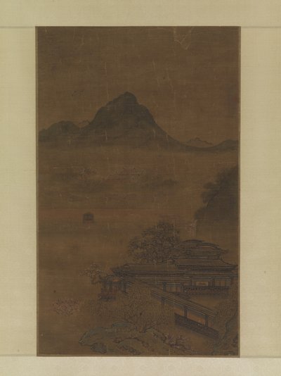 春の霧の中の宮殿のようなパビリオン（シルクにインク、色、金） 作： Jiang Yuan