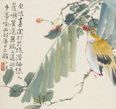チェリーを口にくわえたゴールデン・オリオール（1857年 作： Jin Yuan