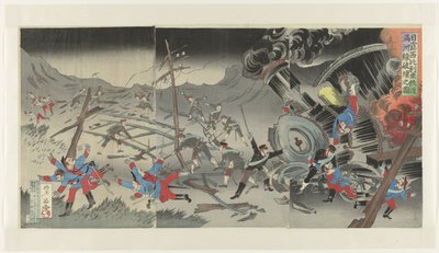 日露戦争中の満州の鉄道の破壊 日郎しべりあ鉄道満州線破戒の図 作： Jinsai Rosetsu