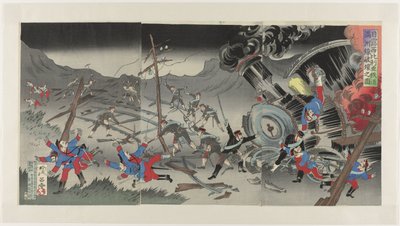 日露戦争中の満州の鉄道の破壊 日郎しべりあ鉄道満州線破戒の図 作： Jinsai Rosetsu