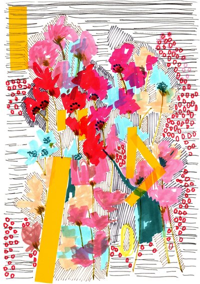 花の落書き3、2013（ペン、インク、コラージュ、紙） 作： Jo Chambers