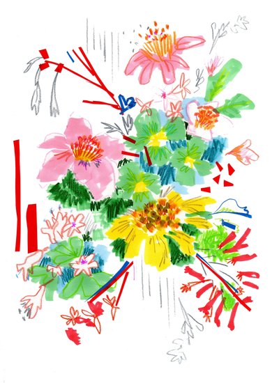 花のスケッチ2、2014（ペンとインク、紙にコラージュ） 作： Jo Chambers