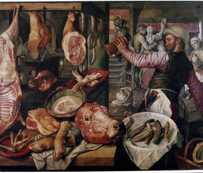 肉屋。(食肉市場）。特に 作： Joachim Beuckelaer or Bueckelaer