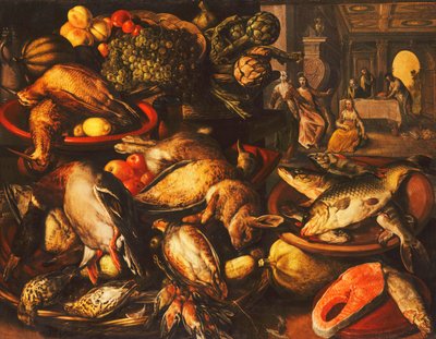 ラーダーのバスケットとボウルに入ったゲーム、魚、果物、野菜、1569 作： Joachim Beuckelaer