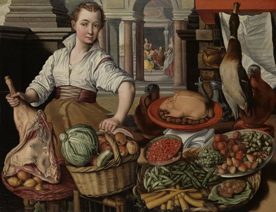 キッチンのシーン、イエスがマルタの家に、マリアが背景にある、1569 作： Joachim Beuckelaer