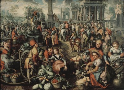 マーケットシーン：Ecce Homo、鞭毛と十字架の運搬、1561年 作： Joachim Beuckelaer