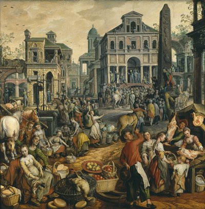 エッシェ・ホモのいる市場の風景」ベーケラー・ヨアヒム（約1533-1574）作。木に油彩 作： Joachim Beuckelaer