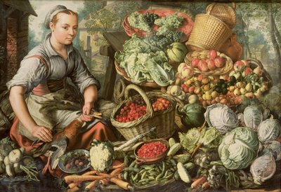 果物、野菜、市場婦人のいる静物、1564年 作： Joachim Beuckelaer