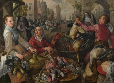 4つの要素：放蕩息子のいる町の家禽の屋台-空気の寓話、1569 作： Joachim Beuckelaer