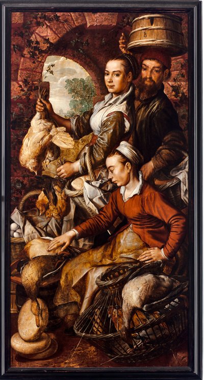 家禽、卵を売る市場の商人たち - ヨアヒム・ベーケラー（1533-1574）による絵画 1564 Dim 203x103 cm Genes, Musei di Strada Nuova 作： Joachim Beuckelaer